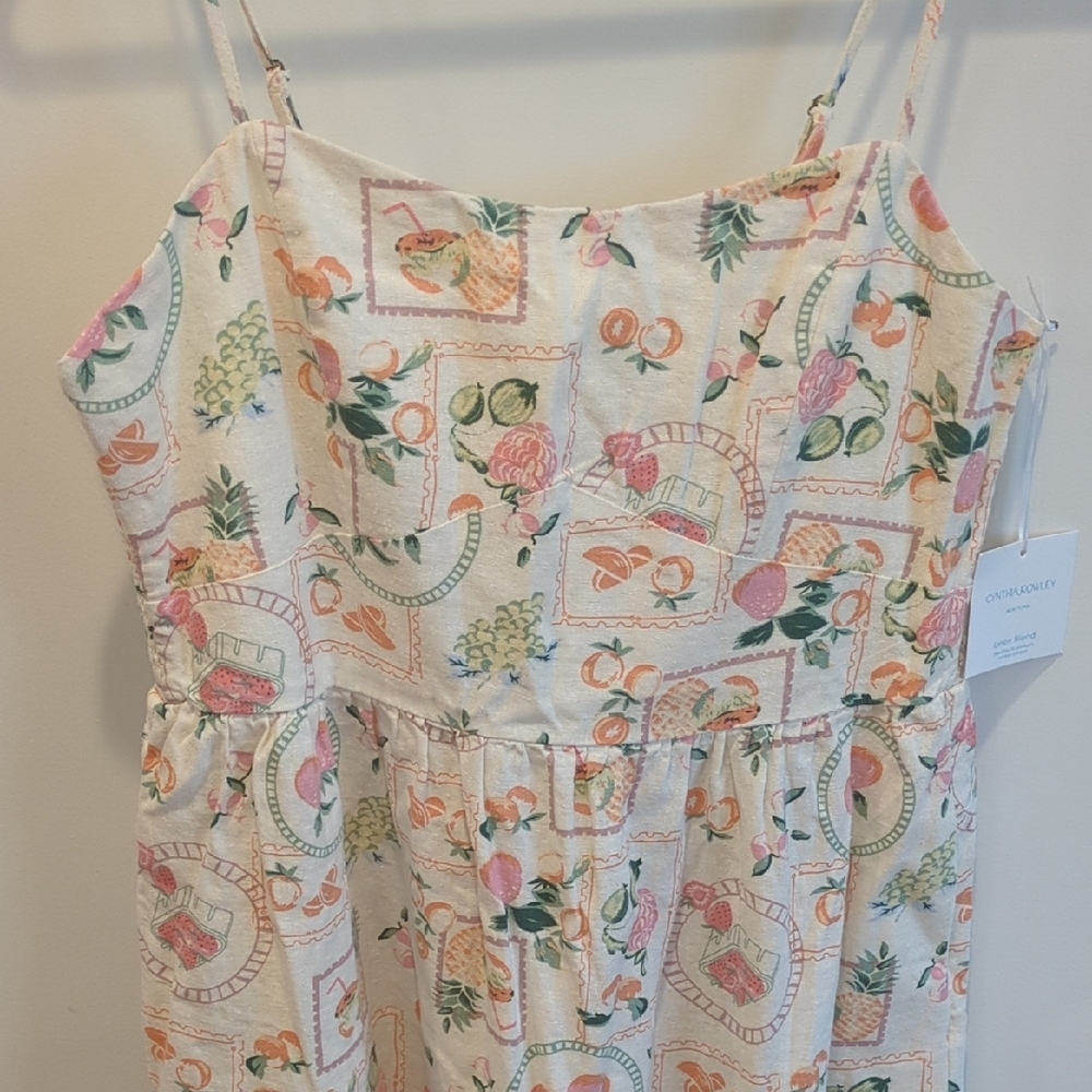 NWT Cynthia Rowley Linen Blend Fruit Print Midi Dress Large Coastal Beach Resort - Picture 3 of 9